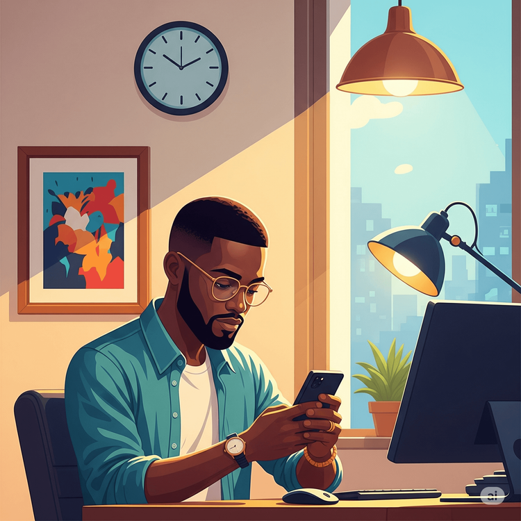 A man working at his desk staring at his mobile phone