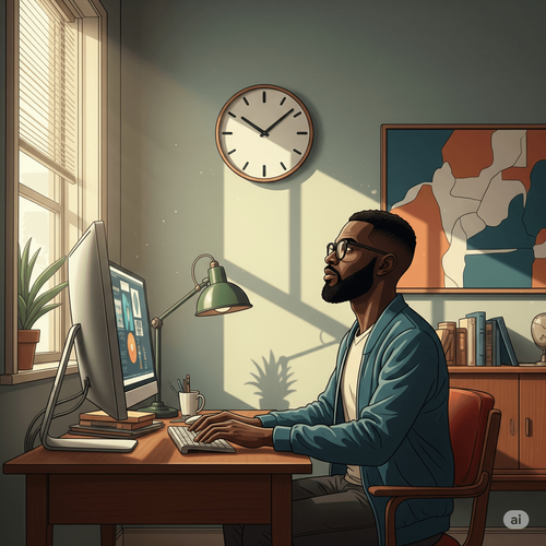 A man staring out of a window at his desk